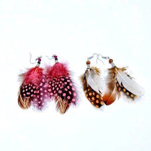 FEATHER EARRINGS*NATURAL & DYED FEATHERS*HANDCRAFTED/2 PAIR